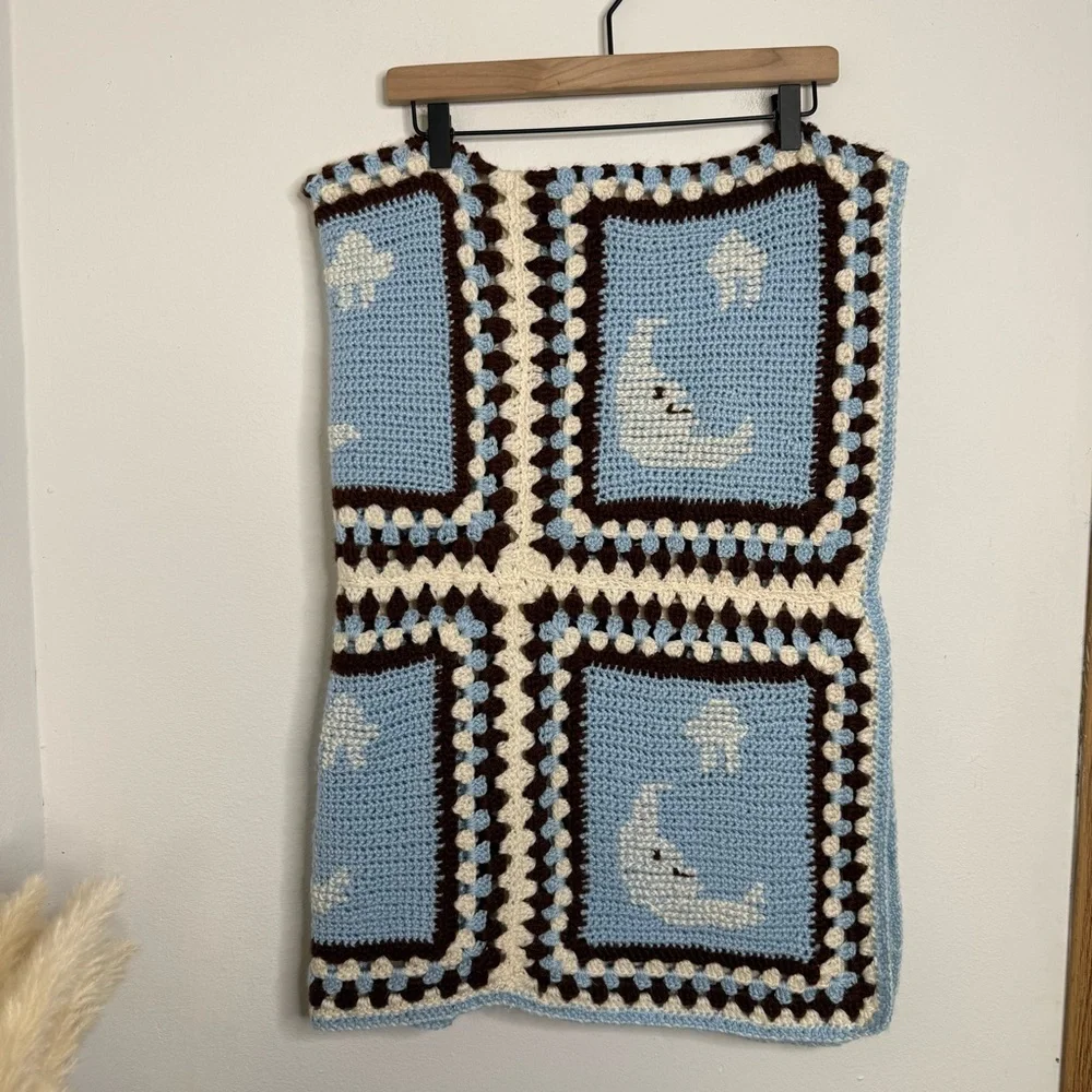 Handmade Granny Square Crochet Baby Blanket Afghan Moon & Stars Blue 40 x 57.5”